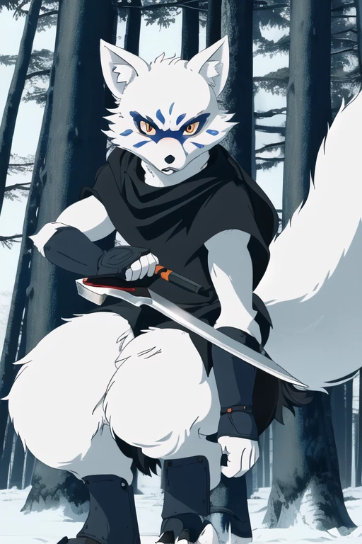 Alopex, arctic fox, furry, blue marks face, tmnt,angry look, orange eyes, girl1, solo, park, forest, cape, black shirt, black shorts, best quality, masterpiece, ninja sickles blade, holding a sickles blade