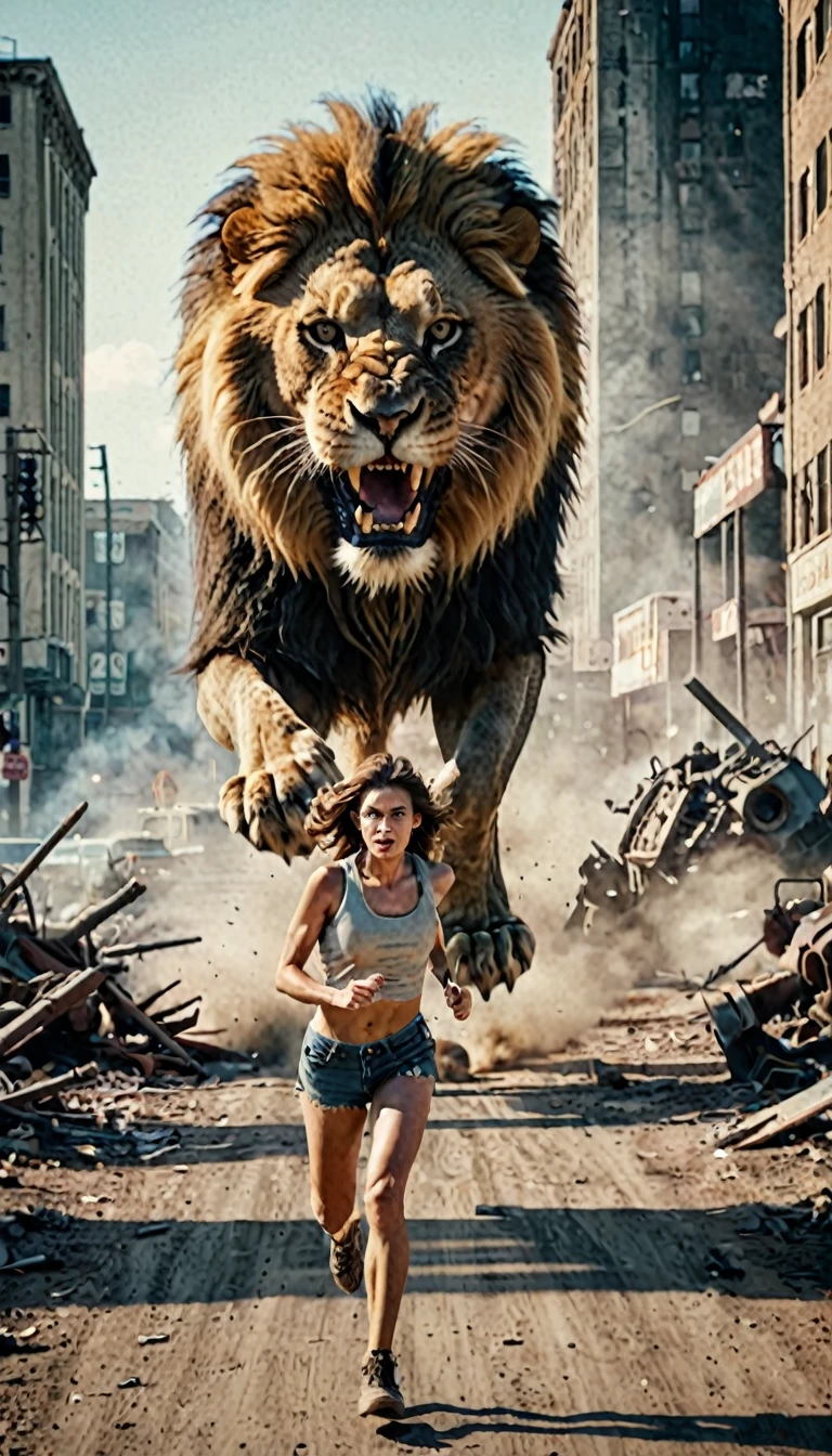 cinematic photo analog film photo ((best best quality)), ((masterpiece)), ((realistic)), (detailed), action sequence woman running in postapocalyptic setup chased by giant Monster lion, screeming, scared, fear, film grain, lightshaft, highly detailed skin, blush, (masterpiece), absurdres, HDR , . faded film, desaturated, 35mm photo, grainy, vignette, vintage, Kodachrome, Lomography, stained, highly detailed, found footage . 35mm photograph, film, bokeh, professional, 4k, highly detailed