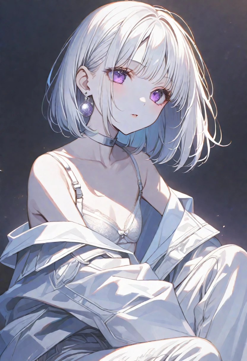 solo, handsome, 1. Female, Hime cut,Straight Hair,Bob Hair, White hair, Nakano Yotsuba, purple Eyes,Soft look,beautiful,beautiful,Sexy,Darkness,Lots of silver earrings,choker, White Off Shoulder,White Distressed jeans,Bra, White skin, black background,