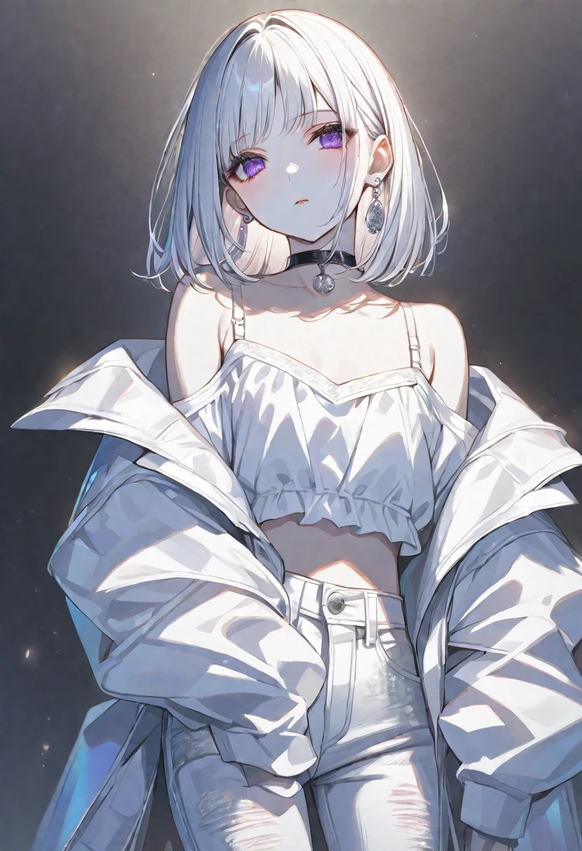 solo, handsome, 1. Female, Hime cut,Straight Hair,Bob Hair, White hair, Nakano Yotsuba, purple Eyes,Soft look,beautiful,beautiful,Sexy,Darkness,Lots of silver earrings,choker, White Off Shoulder,White Distressed jeans,Bra, White skin, black background,