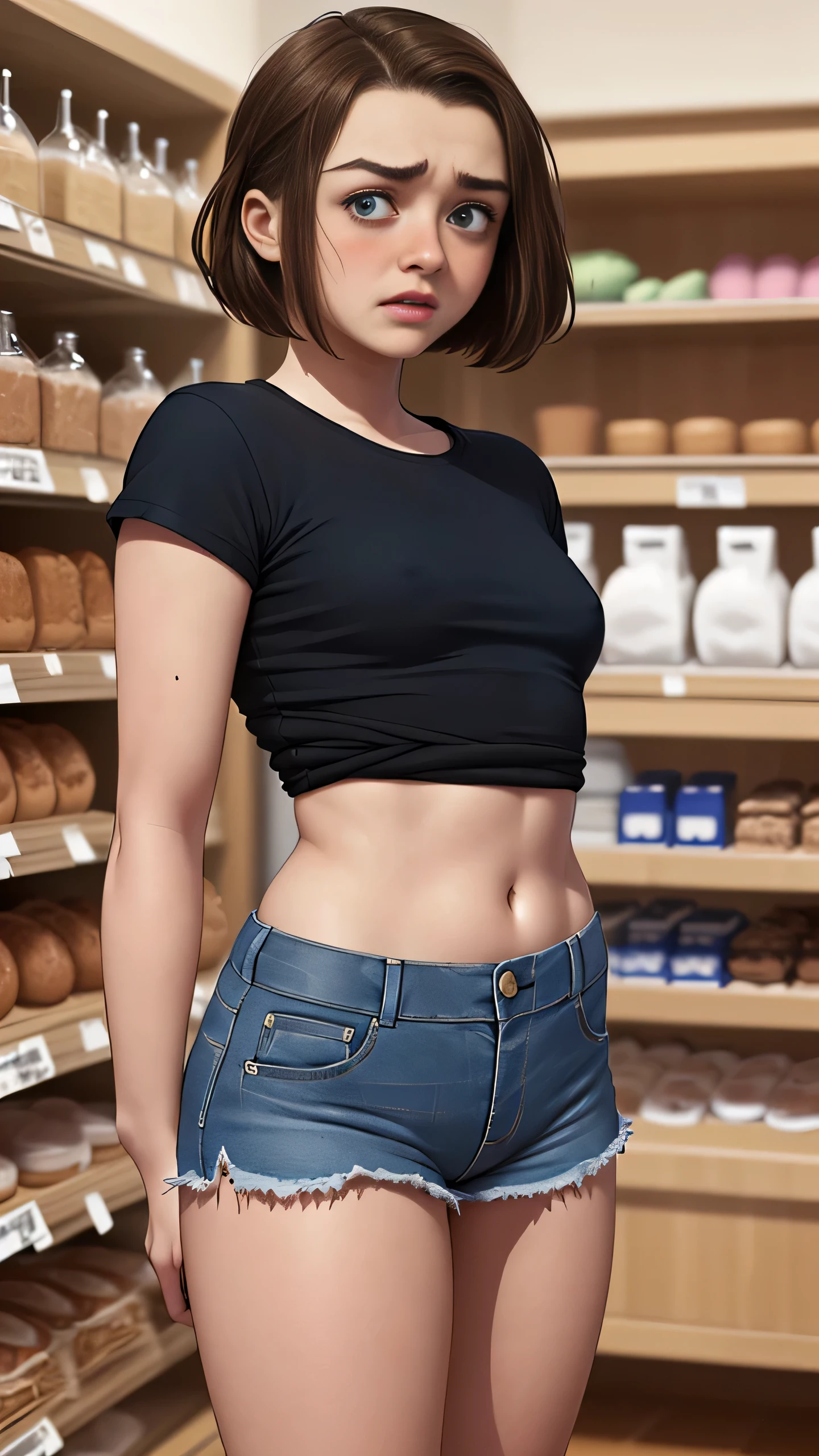 Maisie Williams, (Maisie Williams:1.3), masterpiece quality, best quality, realistic, (realistic:1.3), detailed, realistic, 1girl, alone, (solo:1.9), english women, 20 years old, young beautiful face, short hair, brunette, (brunette:1.5), in a bakery, lots of cake in background, cake on shelves in background, wearing black shirt, (black tshirt:1.5), wearing blue jean shorts, (blue jean shirt:1.5), midriff, (midriff:1.5), small breasts, (small breasts:1.5), thin body, worried, (worried:1.5), blushing, (blushing:1.3),