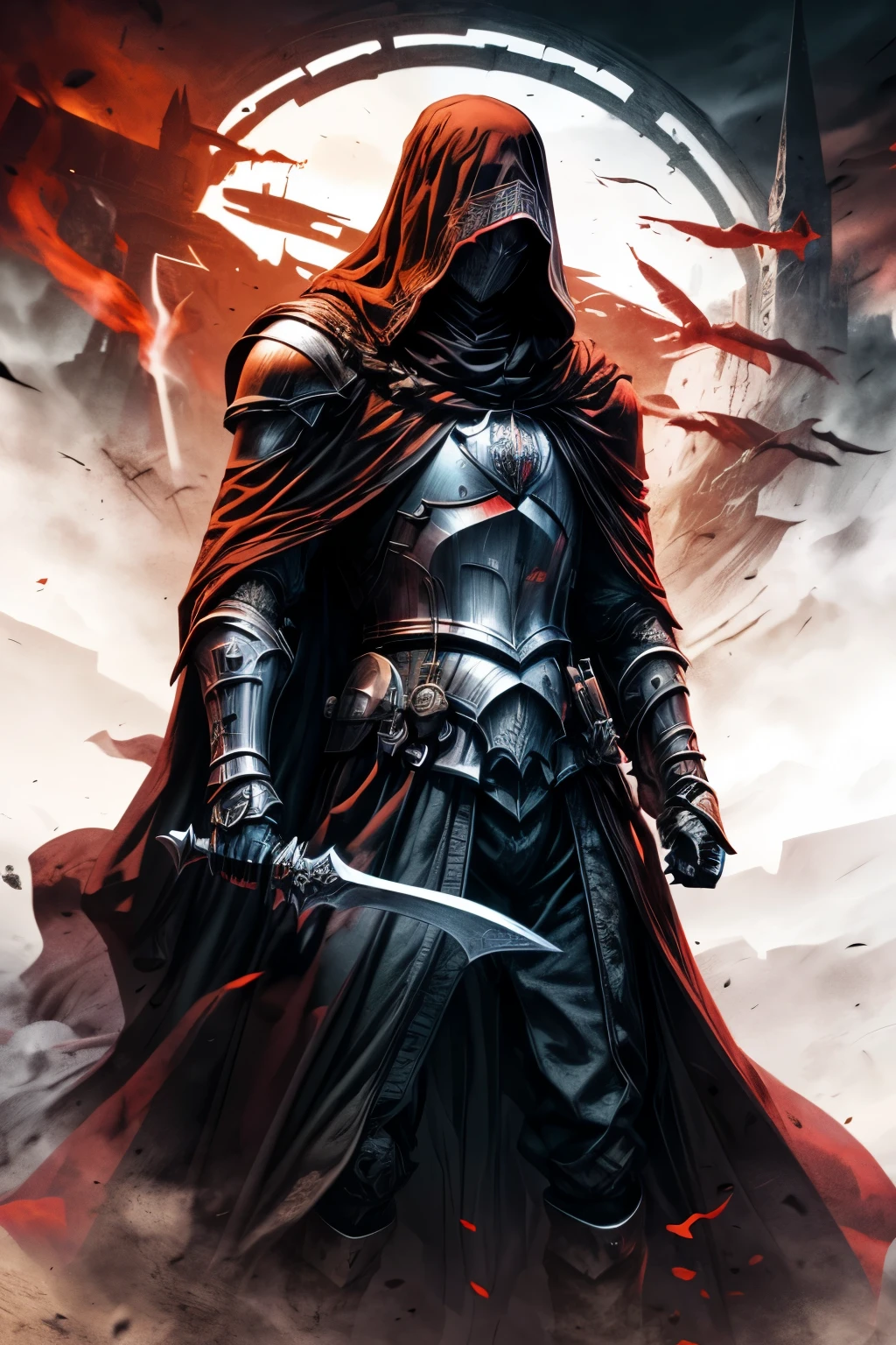 best quality, photo, highres,evil knight,creepy knight,gloomy,smoke face,shadow face,hollow helmet,dark armor, dark castle background,masterpiece,4k,8HD,assassin,necromance,sauron