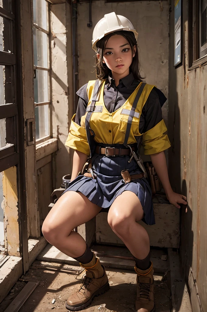 tender and sexy engineer, baby face, , in a corner of a classroom, with an unbuttoned safety vest, with your tits out, wearing a tool belt as a skirt, without underwear, of the cowries, spreading legs and urinating into a glass cup
