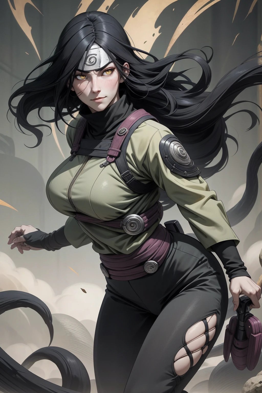 {-erro_de_anatomia:1.0} estilo anime, Masterpiece, absurdities, Orochimaru\(Naruto\), 1girl Solo, Mature woman, Oversized shirt with broad shoulders, Perfect composition, Detailed lips, large breasts, Beautiful face, body proportion, Blush, Long black hair, ( black hair), yellow eyes, (sexy), Soft gauze, Super realistic, Detailed, photo shoot, Realistic faces and bodies, masterpiece, best quality, best illustration, hyper detailed, 1 girl, solo, glamorous, blushing, whole body, fighting, on nature, dimanic poses