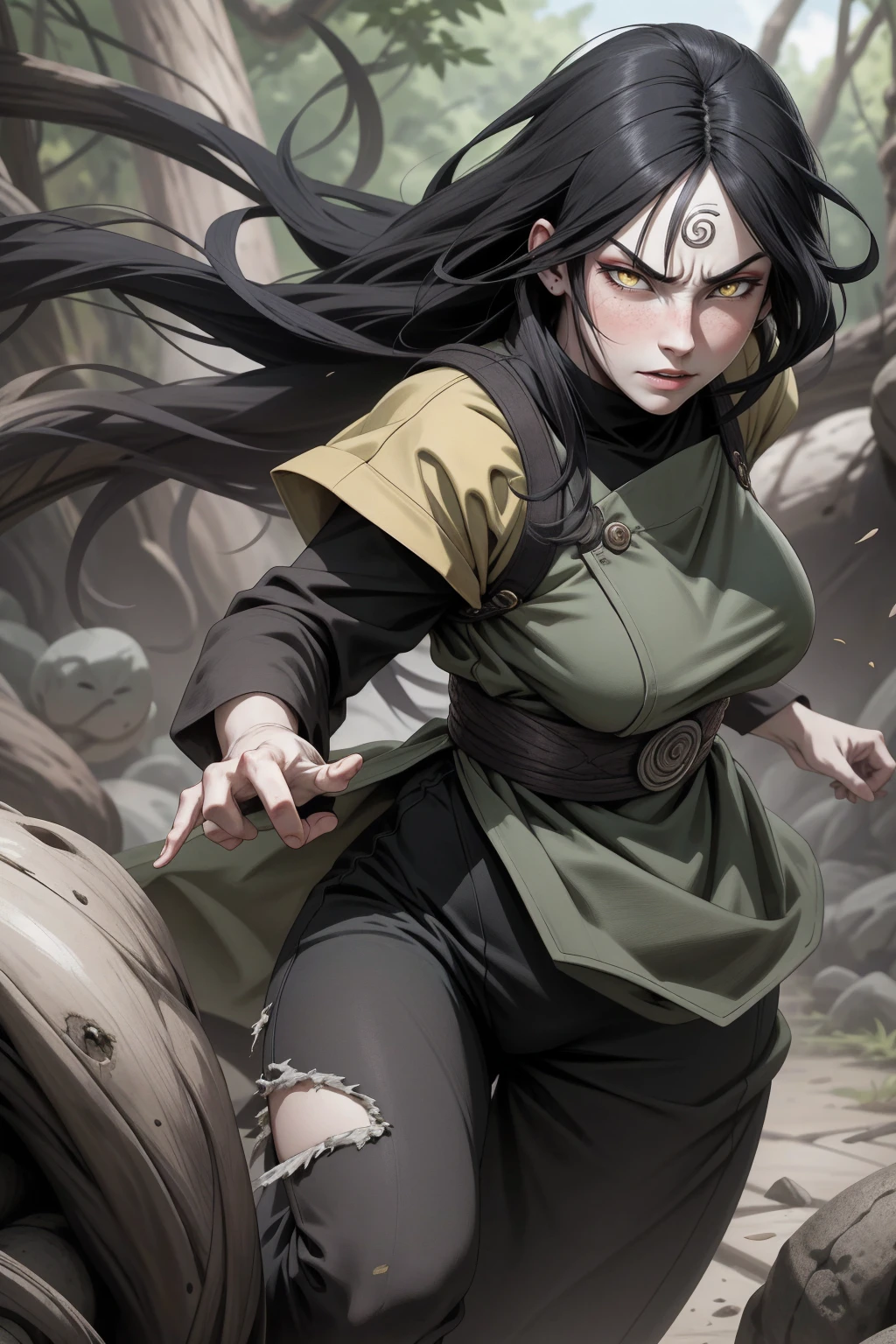 {-erro_de_anatomia:1.0} estilo anime, Masterpiece, absurdities, Orochimaru\(Naruto\), 1girl Solo, Mature woman, Oversized shirt with broad shoulders, Perfect composition, Detailed lips, large breasts, Beautiful face, body proportion, Blush, Long black hair, ( black hair), yellow eyes, (sexy), Soft gauze, Super realistic, Detailed, photo shoot, Realistic faces and bodies, masterpiece, best quality, best illustration, hyper detailed, 1 girl, solo, glamorous, blushing, whole body, fighting, on nature, dimanic poses