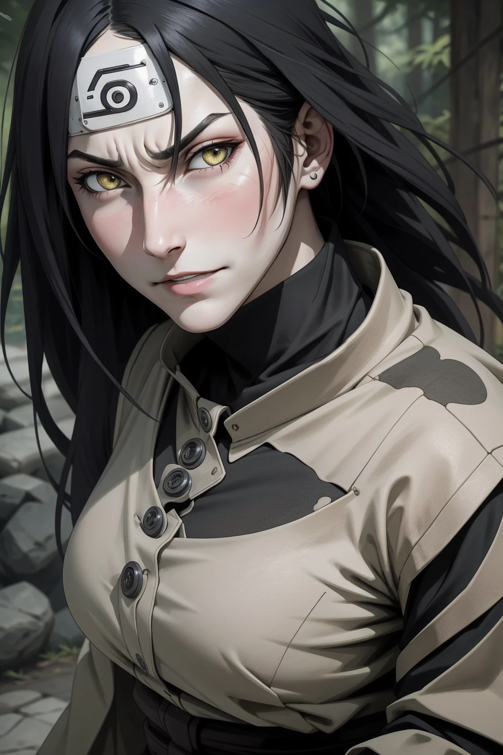 {-erro_de_anatomia:1.0} estilo anime, Masterpiece, absurdities, Orochimaru\(Naruto\), 1girl Solo, Mature woman, Oversized shirt with broad shoulders, Perfect composition, Detailed lips, large breasts, Beautiful face, body proportion, Blush, Long black hair, ( black hair), yellow eyes, (sexy), Soft gauze, Super realistic, Detailed, photo shoot, Realistic faces and bodies, masterpiece, best quality, best illustration, hyper detailed, 1 girl, solo, glamorous, blushing, whole body, fighting, on nature, dimanic poses