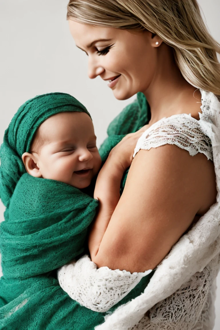 Beautiful baby in his mother's arms, blond and slightly disheveled hair, emerald green eyes, wrapped in blanket, smile, intricate, realism, art in the style of photographs for magazines.