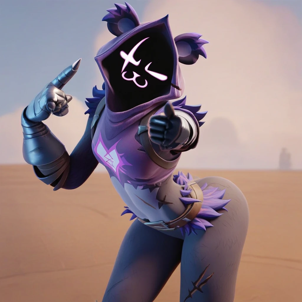 Raven team leader,purple hoodie, with no face, shadowed face, animal ears,purple skin, scar on eye, body skin, purple fur, waist belt, torso symbol, metal gloves, pointing your ass at the viewer, leaning forward, pushing, she closes her eyes, hands resting on top of a small wall, her with her eyes closed, hands are not in the air, expression of force, stomachache, stomach growling. day Of course
