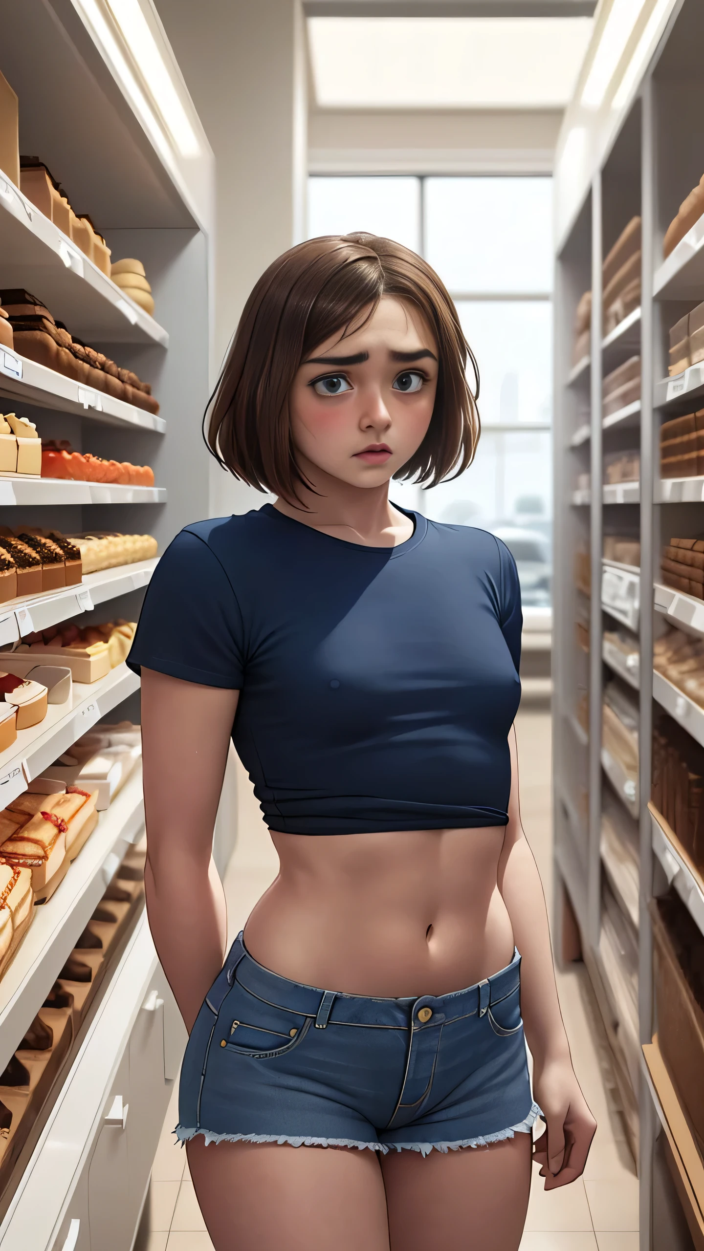 Maisie Williams, (Maisie Williams:1.3), masterpiece quality, best quality, realistic, (realistic:1.3), detailed, realistic, 1girl, alone, (solo:1.9), english women, 20 years old, young beautiful face, short hair, brunette, (brunette:1.5), in a bakery, lots of cake in background, cake on shelves in background, wearing black shirt, (black tshirt:1.5), wearing blue jean shorts, (blue jean shirt:1.5), midriff, (midriff:1.5), small breasts, (small breasts:1.5), thin body, worried, (worried:1.5), blushing, (blushing:1.3),