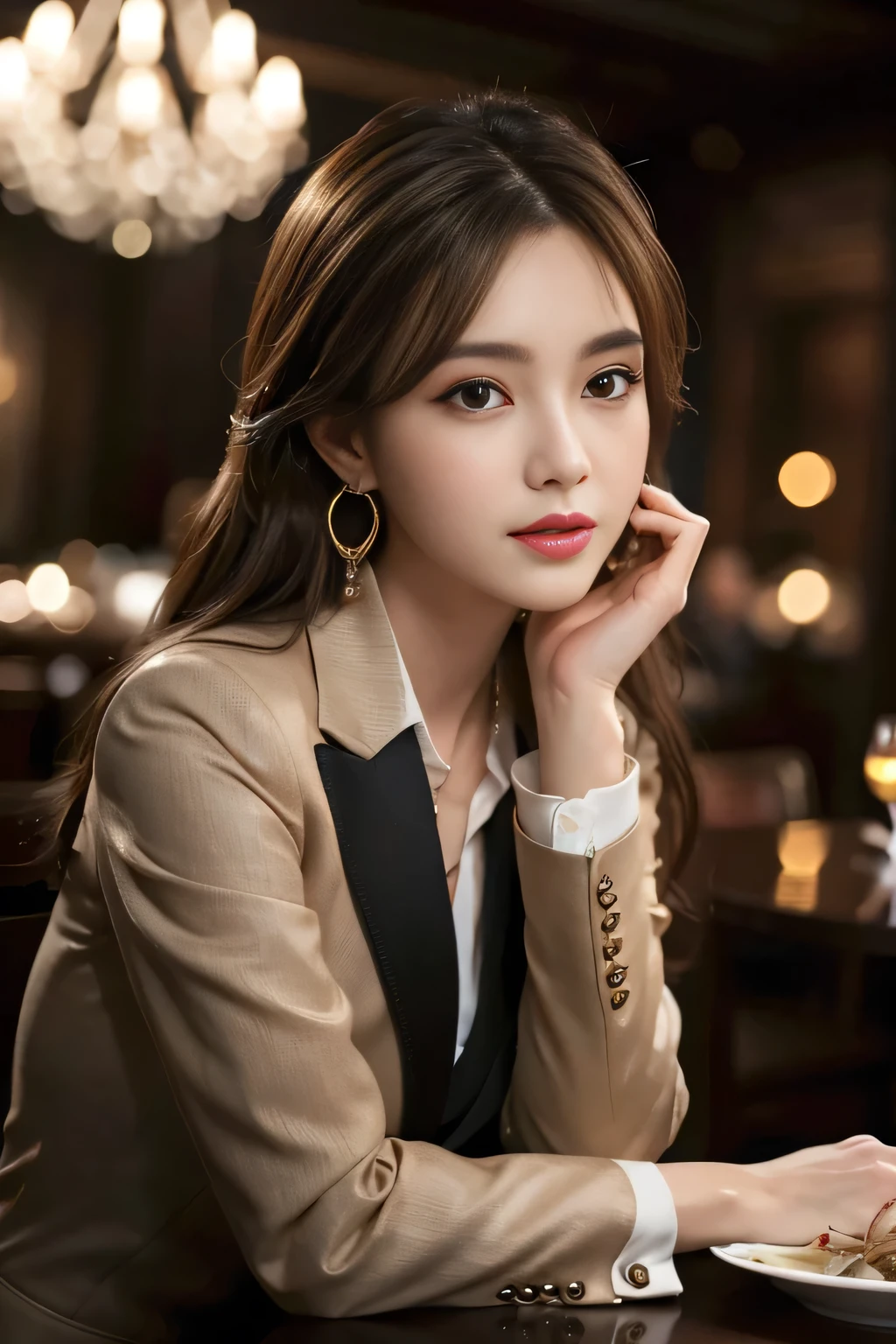 masterpiece, Highest quality, Realistic, Very detailed, Finer details, High resolution, 8k wallpaper, One beautiful woman, Wear a nice suit, In a great restaurant, At night, Light brown messy hair, Perfect dynamic composition, Beautiful and beautiful eyes、Big earrings、Sit on a chair