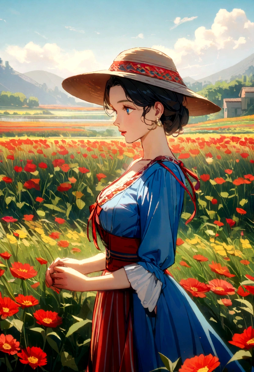 1930s peasant woman wearing elegant red white blue colored dress
