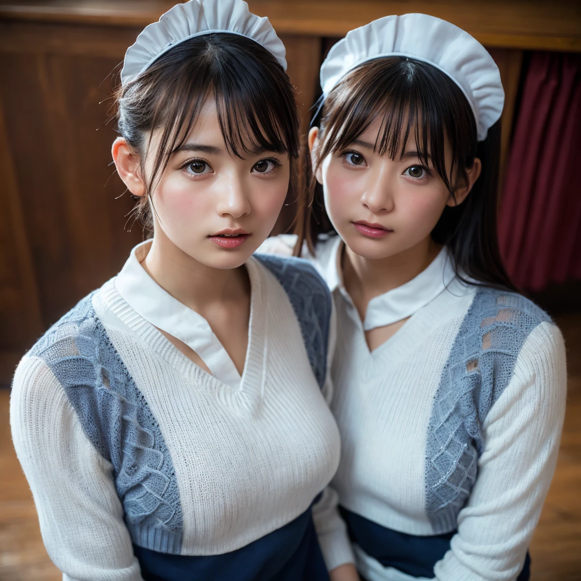 (8K, RAW Photos,highest quality, High resolution:1.1), (Ultra-realistic:1.4),(Realistic, Realistic:1.3),The Beauty of Japan、Rhythmic gymnastics club、Rhythmic Gymnastics Uniform、((Upper Body:1.3)),Maid Cafe、((Maid:1.3)),(Knitted sweater:1.3),Looking up、Shot from above、