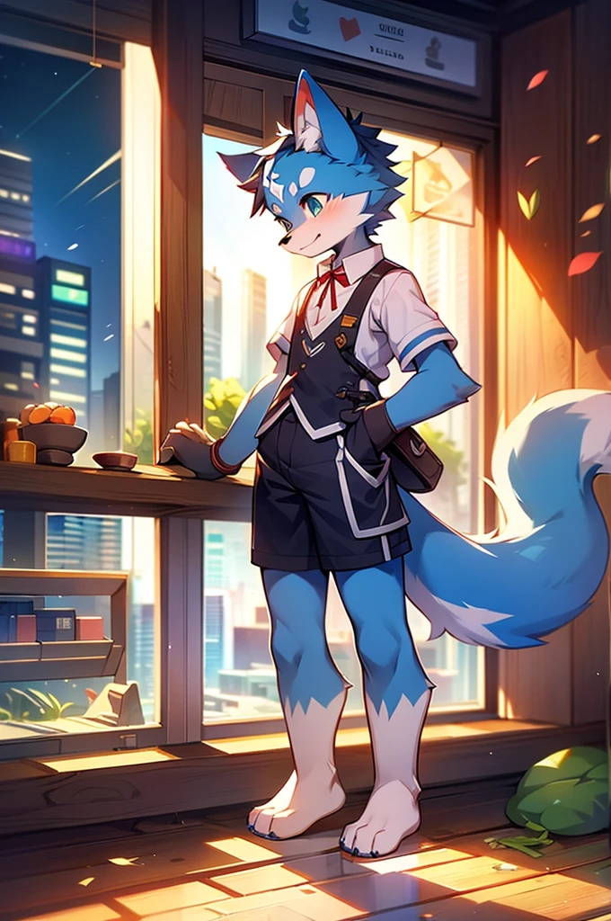 Blue fur, Canine, fox motif, boy, uniform,expensive,one person,Stand up on your own feet,Expensive,Cityscape,thin tail,