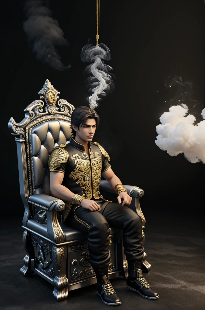 Create a 3d illustration a 18 year old handsome boy sitting on the throne and play free fire game and background color is black and white smoke and name is "irshad FF" bold silver and gold