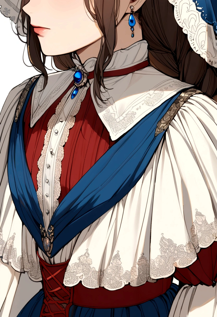 1890s peasant woman wearing elegant red white blue colored dress