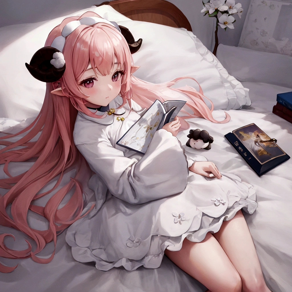 Perfect centering, Cute sheep, While reading a picture book on the bed、I feel sleepy。Abstract Beauty, Centered, Looking into the camera, To the camera, Approaching perfection, dynamic, Very detailed, Smooth, Sharp focus, 8K, High resolution, figure, art：Carne Griffith、Vadim Kashin, White Background