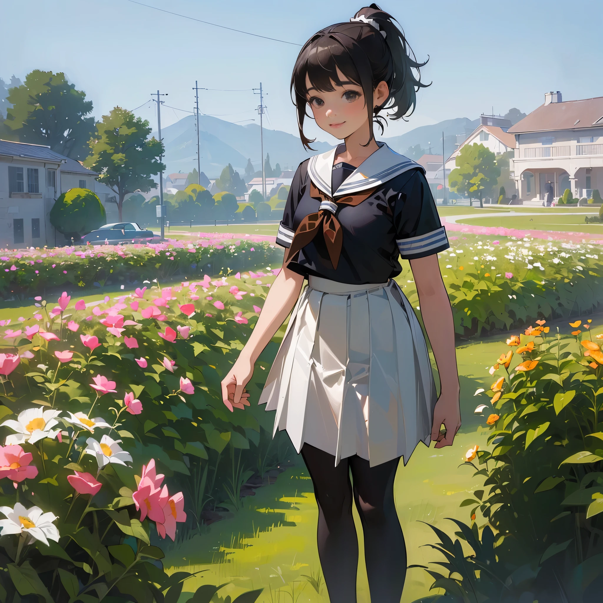 (Highest quality, High resolution, Very detailed, Realistic:1.37), Peaceful atmosphere, (Outdoor, garden), Teenage girl standing alone, Beautiful and detailed features, Cute Smile, ((Black ponytail)),Short-sleeved sailor uniform, Pleated skirt,Black tights,Brown leather shoes.