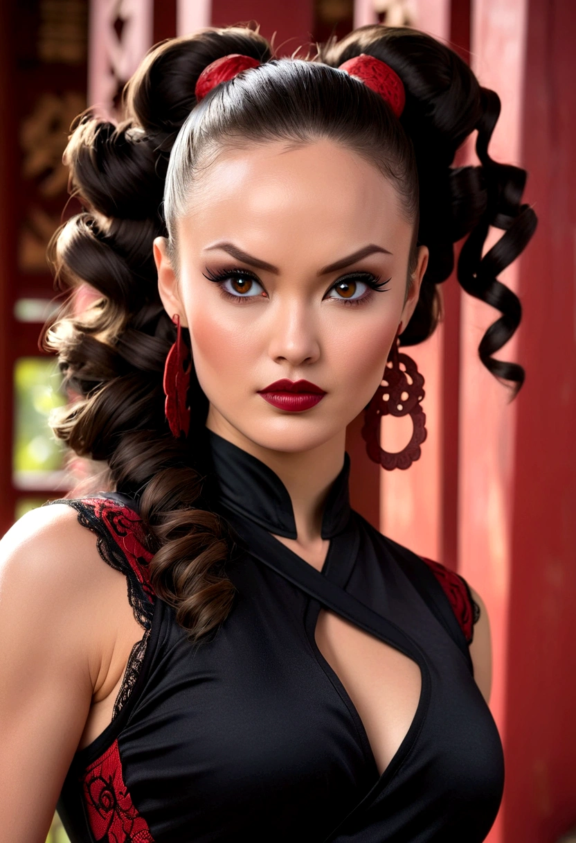 Tori Black asian ninja warrior, ringlets wavy five feet long black hair, updo hairstyle with ponytail on one side, dark red glossy lips, heavy black eye shadow long black eyeliner, black lace beautiful and creative sleeveless ninja warrior bodysuit, forehead lace ornament, posing in a Shaolin temple interior, happy expression dark ambience. No faces on her chest!