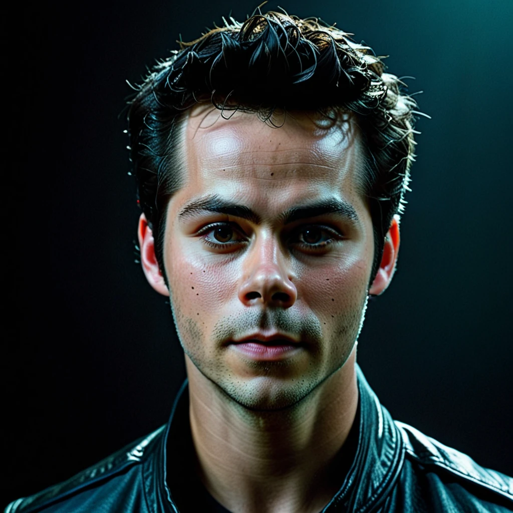 4k,8k,uhd,photorealistic,hyperrealistic,masterpiece,award winning,highly detailed,extreme fine details,ultra-detailed,striking,dramatic,dark,chiaroscuro,moody,pensive,intense gaze,brooding,Dylan O'brien,male,beautifully detailed face,piercing eyes,sharp features,sculpted jawline,strong brows,thick dark hair,black leather jacket,atmospheric,cinematic,dynamic lighting,deep shadows,high contrast,vivid colors,rich textures,volumetric lighting,cinematic composition