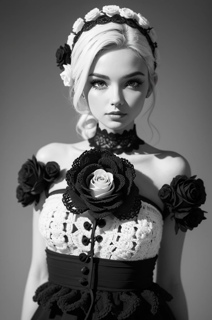 A crochet rose in black and white design 
