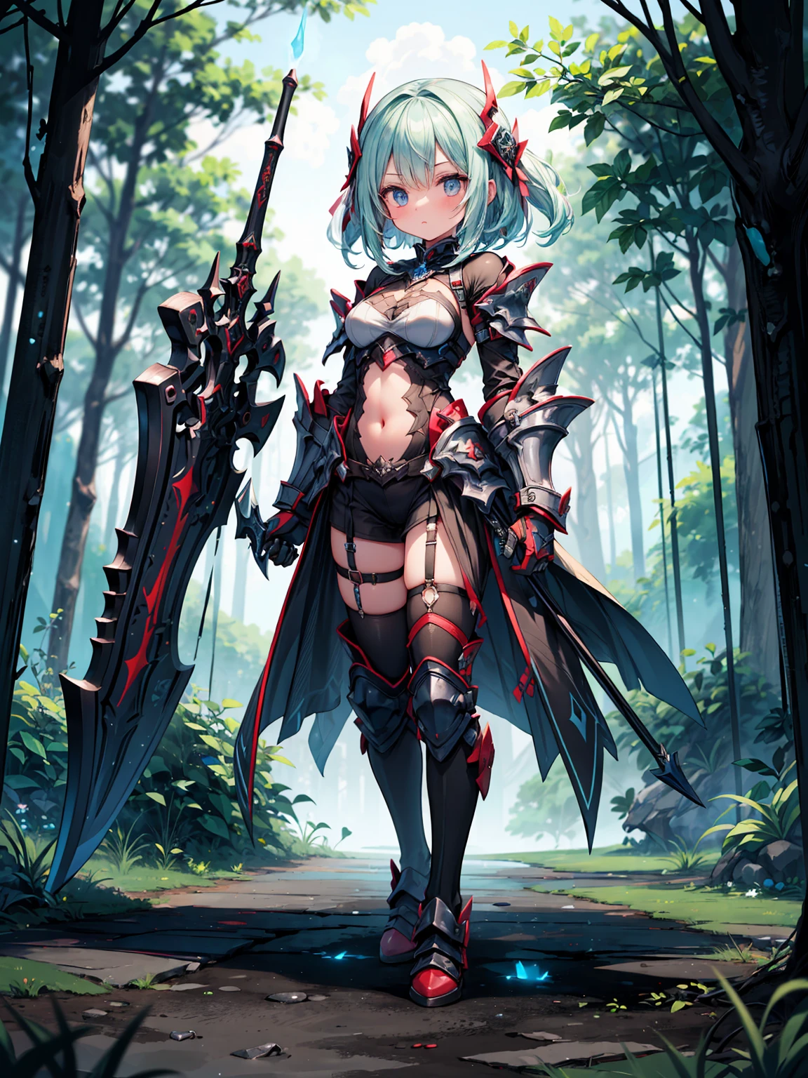 (((masterpiece, highest quality, 8k)))(((masterpiece, best quality, high detailed, 8k))) Design a layout showcase Gaming character, (1girl). Red+Black full body armor, stylish and unique. ((weapon:1.4)), enchanted sword. (masterpiece:1.2), (best quality), 4k, ultra-detailed. (luminous lighting, atmospheric lighting). warrior, ((glove full hands)), (((revealing clothes:1.3))), vambraces, armored legwear, (((full_body_shot:1.4))). {In a mystical forest}.