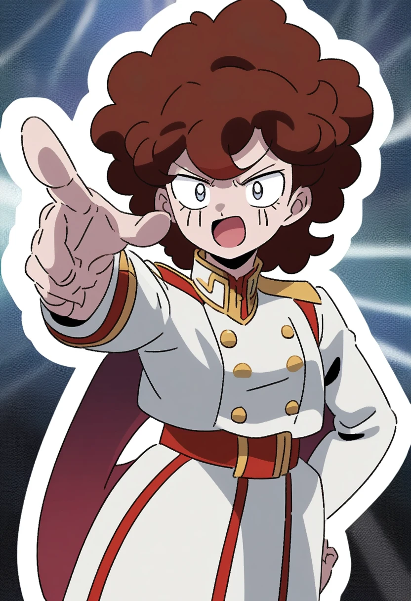 generates an anime style image, specifically in the anime style "My hero academy", where it features a 16 year old girl with medium brown curly hair with red highlights, very light white skin, wearing the classic uniform from the aforementioned anime series. with one red and one white eye. she must have a scar on her white eye. 