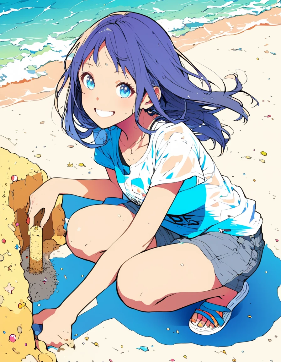 ultra-detailed:1.3, ultra delicate and detailed face:1.3, (absurdres, texture, masterpiece), isometric, vibrant colors and pose, pixiv contest winner, by Posuka Demizu, dynamic manga-style illustration of slender girl is making sand castle on the beach in the middle of summer, She is squatting and looking up with big smile. the T-shirt over her bikini wet and transparent, the sparkling brightness and vitality of midsummer. 