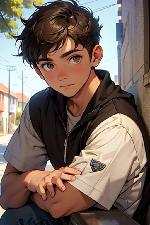 boy with dark brown hair, eyes browns, appearance of a 15 year old, com rosto feliz
