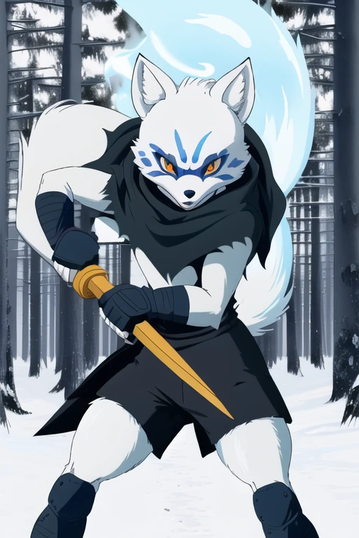 Alopex, arctic fox, furry, blue marks face, tmnt,angry look, orange eyes, girl1, solo, park, forest, cape, black shirt, black shorts, best quality, masterpiece, ninja kama blade, holding a kama blade