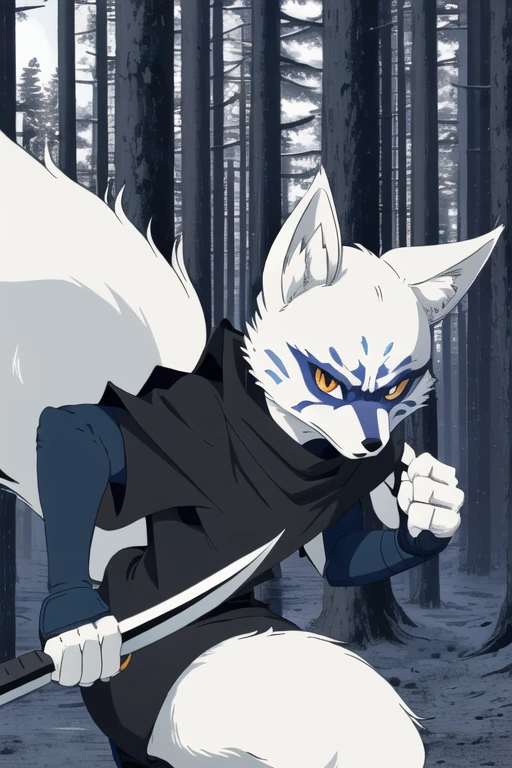 Alopex, arctic fox, furry, blue marks face, tmnt,angry look, orange eyes, girl1, solo, park, forest, cape, black shirt, black shorts, best quality, masterpiece, ninja kama blade, holding a kama blade