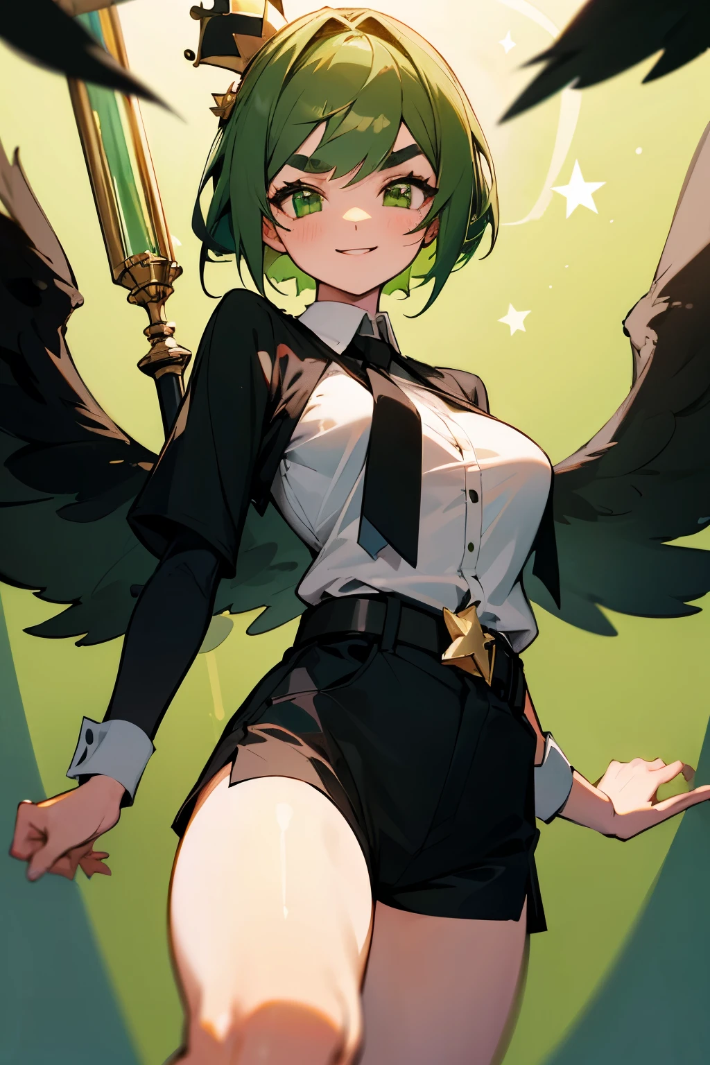 Cute girl, short green hair, green eyes, wide black eyebrows, smile, small crown, magic wand with a gold star, white shirt, black tie, black shorts, black belt, fly wings, big breasts