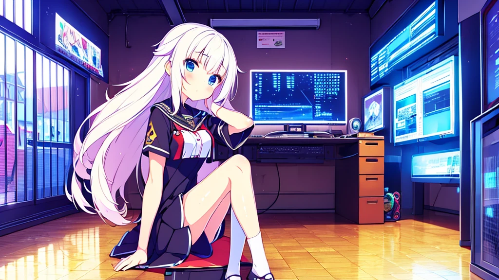 1 beautiful girl, great image quality with lots of detail, ray tracing, in a gaming outfit anime , long stockings, blue eyes, white hair, , in a neon room, PC gaming, perfect anatomy, full body. 