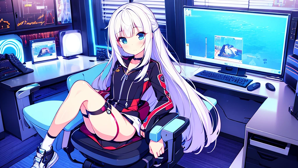 1 beautiful girl, great image quality with lots of detail, ray tracing, in a gaming outfit anime , long stockings, blue eyes, white hair, , in a neon room, PC gaming, perfect anatomy, full body. 