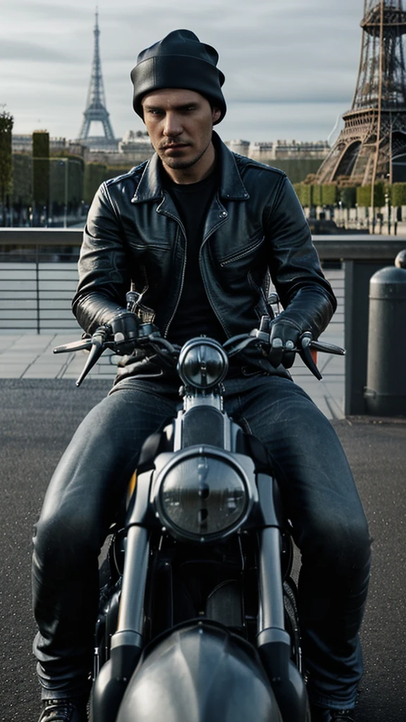 Stop on action, exposed, cinematic 3D matte paint render featuring a man, clear face, wearing Beanie, shirt, leather jacket and jeans, sitting on his big Harley Davidson motorcycle, Eiffel tower background. best quality, 800dpi resolution, photorealistic