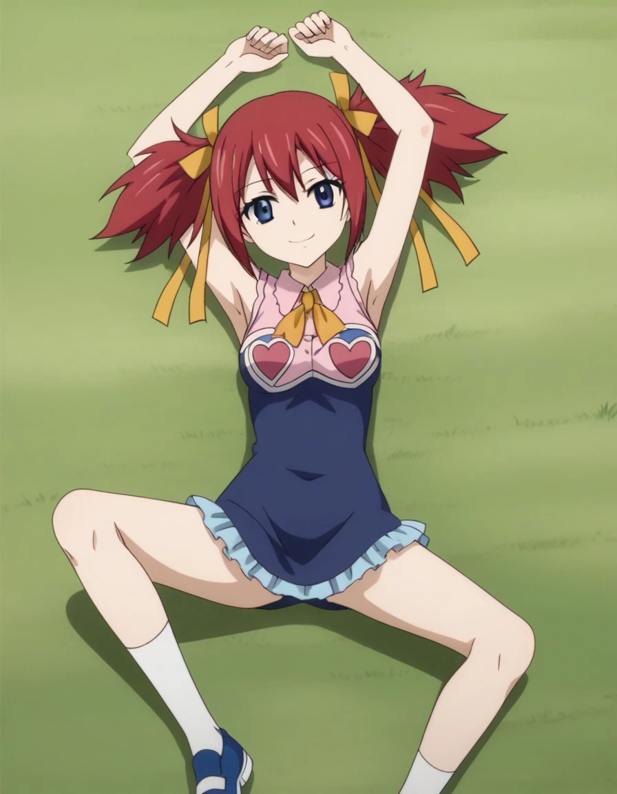 chelia_blendy, source_anime, rating_safe, intricate details, anime screencap, anime coloring, 1girl, solo,  red hair, blue eyes, ribbon, hair ribbon, twintails, short twintails, looking at viewer, high quality, solo, lying, on back, arms up, spread arms, closed mouth, on grass, center, full body, looking at viewer, suggestive smile, best quality, spread legs,