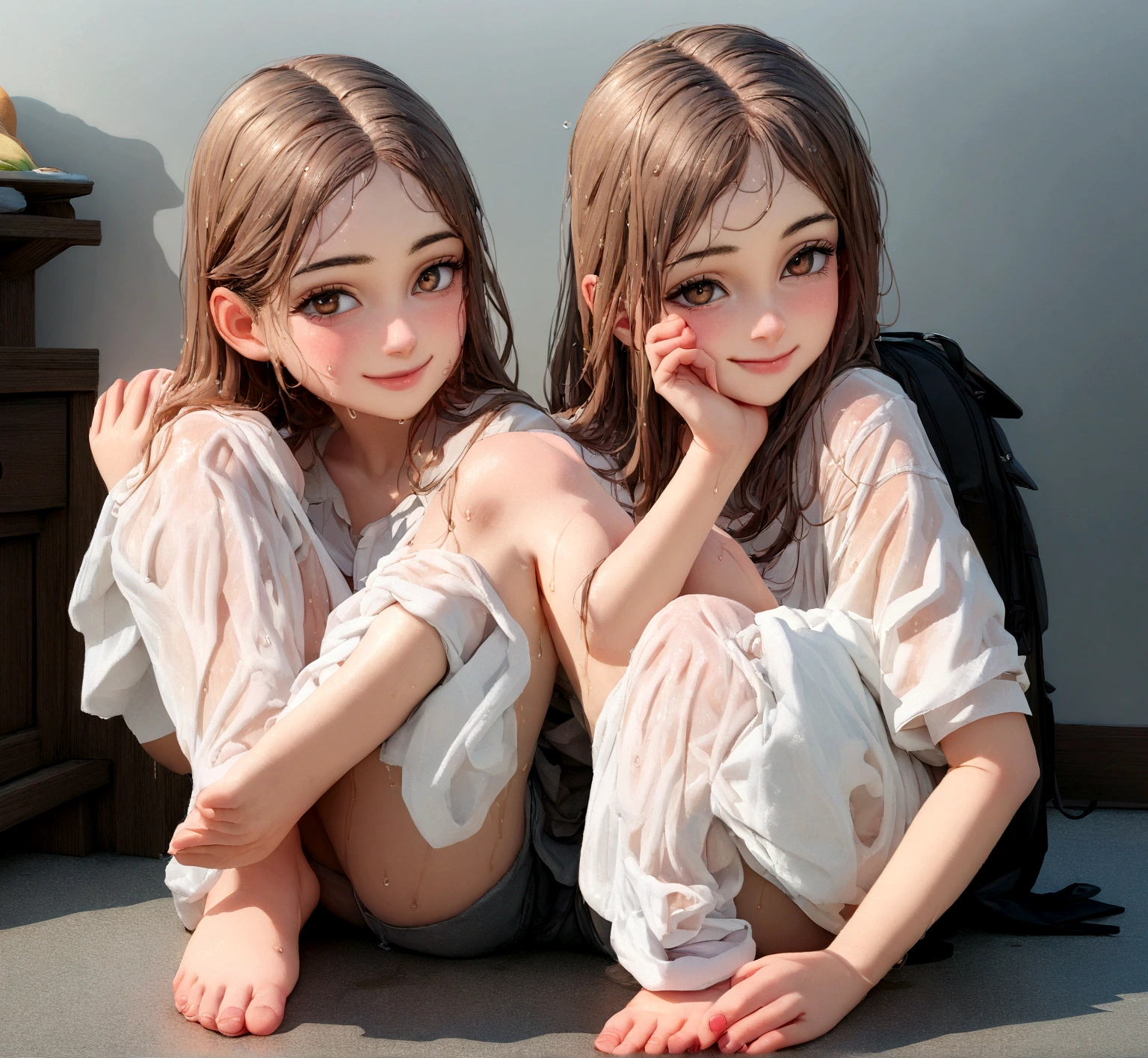 (8K), (best quality: 1.2), (Practical), (Reality: 1.37), Ultra HD, 1 girl, Lovely, Smile, Shut up, Beautiful details, Beautiful nose, whole body, Wet hair, thigh,14-year-old girl,Wet clothes,Leaky umbilical packing