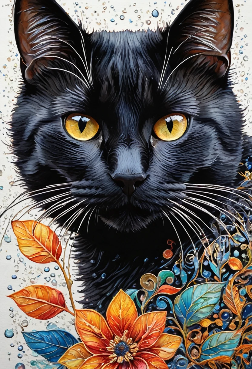 (highest quality,4K,8K,High resolution,masterpiece:1.2),super detailed,(realistic,photorealistic,photo-realistic:1.37),Zentangle black cat close up,tangled lines,Detailed cat eyes,Watercolor Techniques,Blend Color,organic pattern,Vivid and rich colors,Subtle shading,high contrast,meticulous attention to detail,delicate brushstrokes,柔らかくflowingような動き,colorful and intricate design,harmonious composition,isolated flowers on blank canvas,Gentle water droplets floating on the petals,Textured and layered brushwork,bright translucent effect,Calm and peaceful atmosphere,Motifs inspired by nature,See floral elements up close,Lively and expressive strokes,artistic exploration and creativity,Inspired by Zen philosophy,flowing、interconnected lines,repeating patterns and rhythms,meditative and calming energy,A harmonious balance between and control,Dimensions of beauty and tranquility,Ephemeral and ephemeral beauty,A microcosm of nature's wonders.