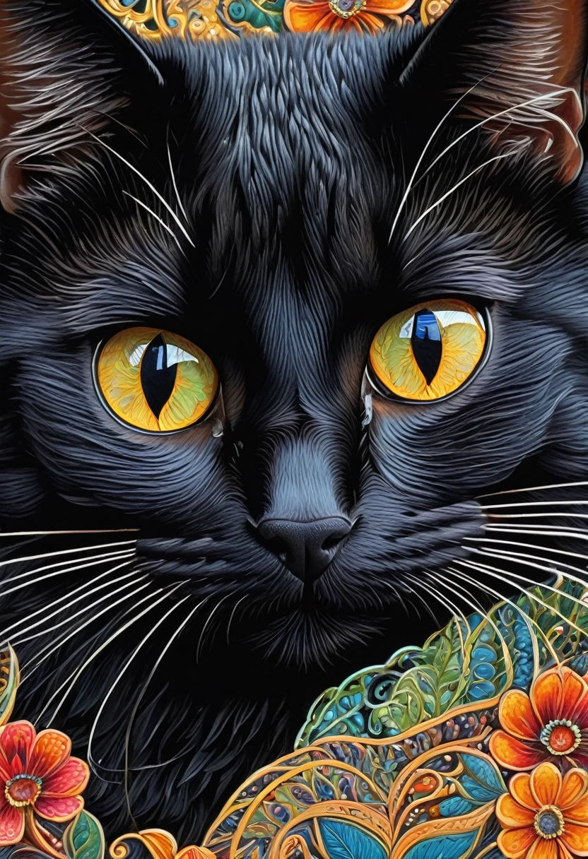 (highest quality,4K,8K,High resolution,masterpiece:1.2),super detailed,(realistic,photorealistic,photo-realistic:1.37),Zentangle black cat close up,tangled lines,Detailed cat eyes,Watercolor Techniques,Blend Color,organic pattern,Vivid and rich colors,Subtle shading,high contrast,meticulous attention to detail,delicate brushstrokes,柔らかくflowingような動き,colorful and intricate design,harmonious composition,isolated flowers on blank canvas,Gentle water droplets floating on the petals,Textured and layered brushwork,bright translucent effect,Calm and peaceful atmosphere,Motifs inspired by nature,See floral elements up close,Lively and expressive strokes,artistic exploration and creativity,Inspired by Zen philosophy,flowing、interconnected lines,repeating patterns and rhythms,meditative and calming energy,A harmonious balance between and control,Dimensions of beauty and tranquility,Ephemeral and ephemeral beauty,A microcosm of nature's wonders.