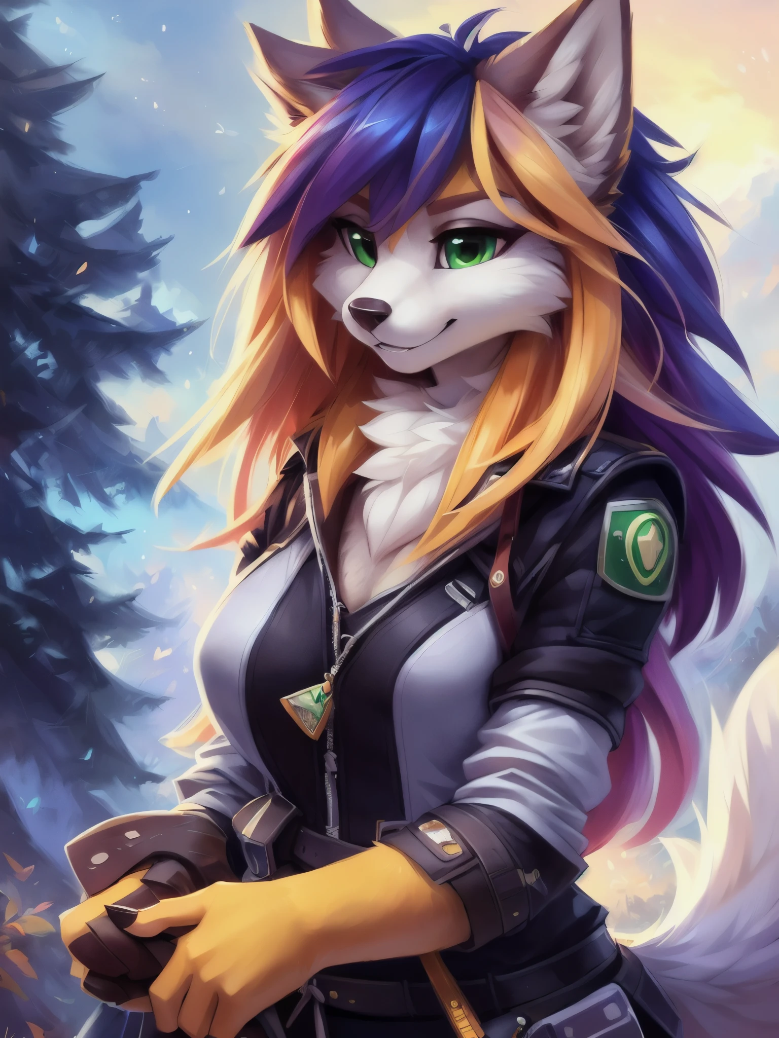 A beautiful and detailed (sweet portrait) wa, Star Fox, sslim, lovable, green eyes, medium breasts, (((Long castanho hair 1.3))), Decollete, anthro, furry, Uploaded E621, detailed fluffy fur, (wa Fluff-Kevlar, Bayard Wu, personalize me, Pino Daeni), detailed face, (fluffy), 1 girl,  alone, 