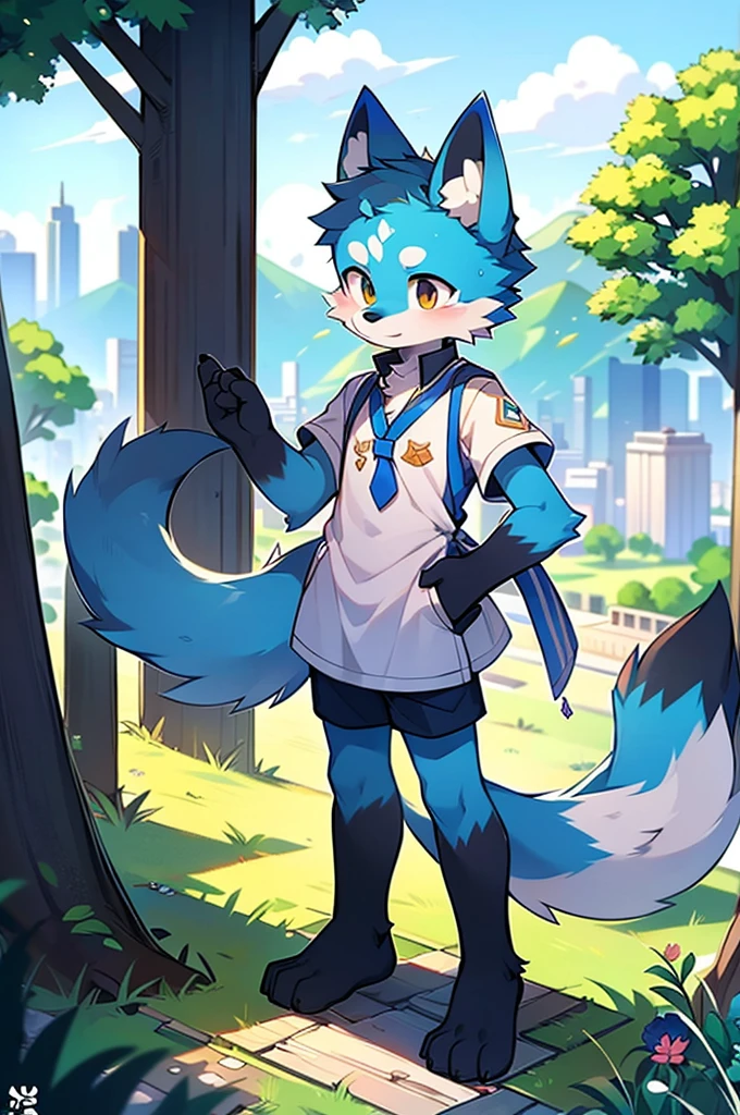 Blue fur, Canine, fox motif, boy, uniform,expensive，one person，Stand up on your own feet，Expensive，Cityscape，thin tail，tall，，Rural landscape，