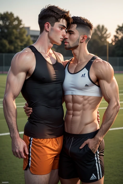 2 men, photo realistic. A lean, tall, athletic 22-year-old handsome Caucasian man, with fade-cut brown hair, and blue eyes, wearing an orange tank top with a black stripe, and black athletic shorts, passionately kissing an athletic 21-year-old handsome Middle Eastern man, with short, fade-cut brown hair, and brown eyes, wearing a slate tank top, and gray athletic shorts, on a sports field, at dusk. They are grabbing each other's hard, bulging cocks. Sexy, romantic, masculine.