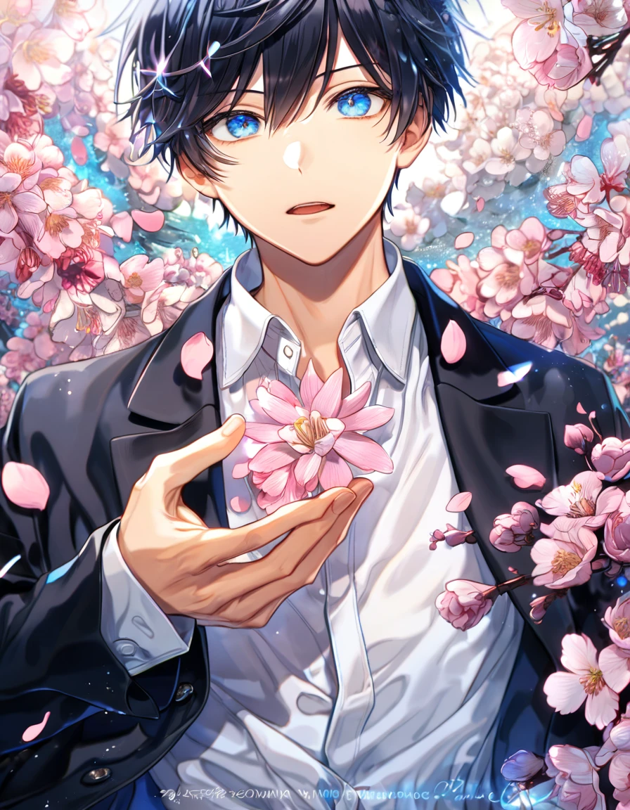 absurdres, highres, ultra detailed, HDR, master piece, Uenoyama Ritsuka, black hair, expressive blue eyes, white shirt, black jacket, Given, sexy man, solo, handsome, best quality, blossoms, pink petals, pink flowers, fantasy, magical, blue shining fireflies, water