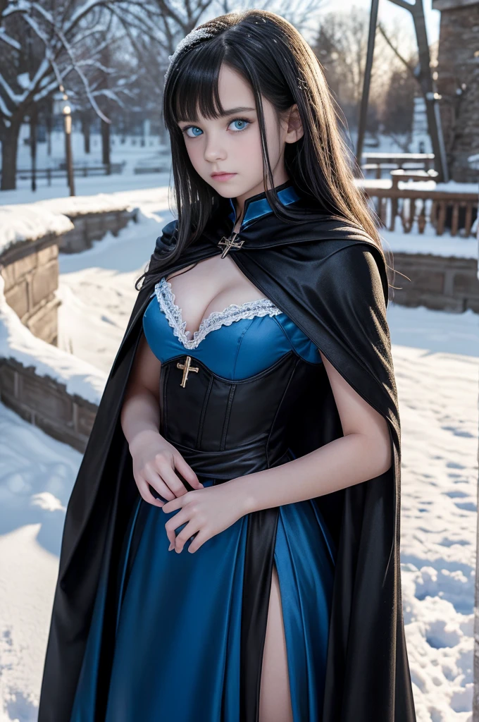 TeEn girl, evil, teenager(1.3),13 years old, teen girl, very small breats, black hair and blue eyes, detailed face, angelical face,cleavage, small ???????, dress with cape, desing with christian cross ,background in snow in prussia