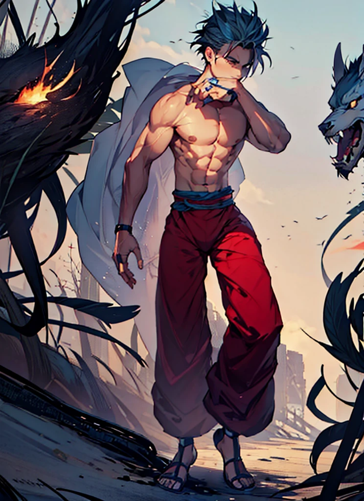 male boy, posing with manga style kung fu pants