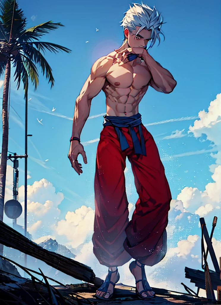 male boy, posing with manga style kung fu pants