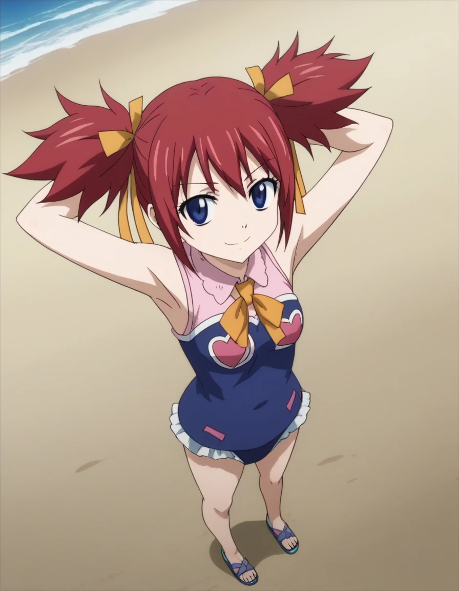 chelia_blendy, source_anime, rating_safe, intricate details, anime screencap, anime coloring, 1girl, solo,  red hair, blue eyes, ribbon, hair ribbon, twintails, short twintails, looking at viewer, solo, contrapposto, spread armpit, arms behind head, smile, looking at viewer, full body, closed mouth, night sky, beach, high quality, center view,