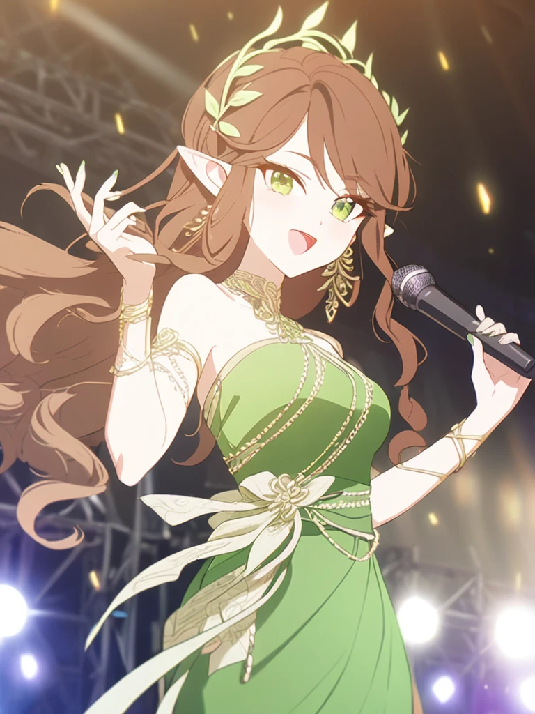 1femboy, beautiful, elven, brown hair, long curly hairstyle, glowing green eyes, concert, singer, elegant, traditional thai costume,
