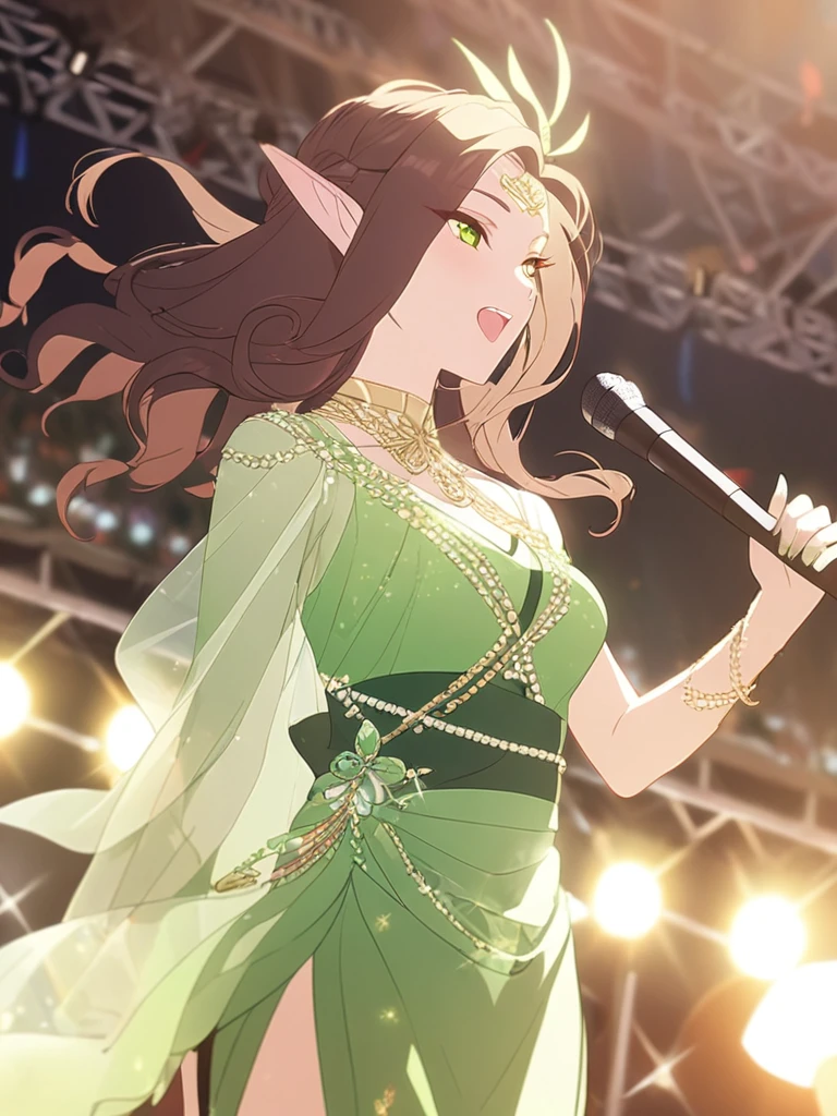 1femboy, beautiful, elven, brown hair, long curly hairstyle, glowing green eyes, concert, singer, elegant, traditional thai costume,
