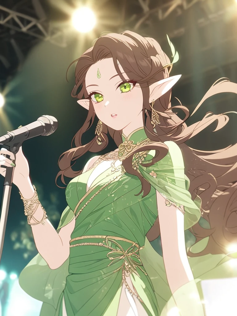 1femboy, beautiful, elven, brown hair, long curly hairstyle, glowing green eyes, concert, singer, elegant, traditional thai costume,