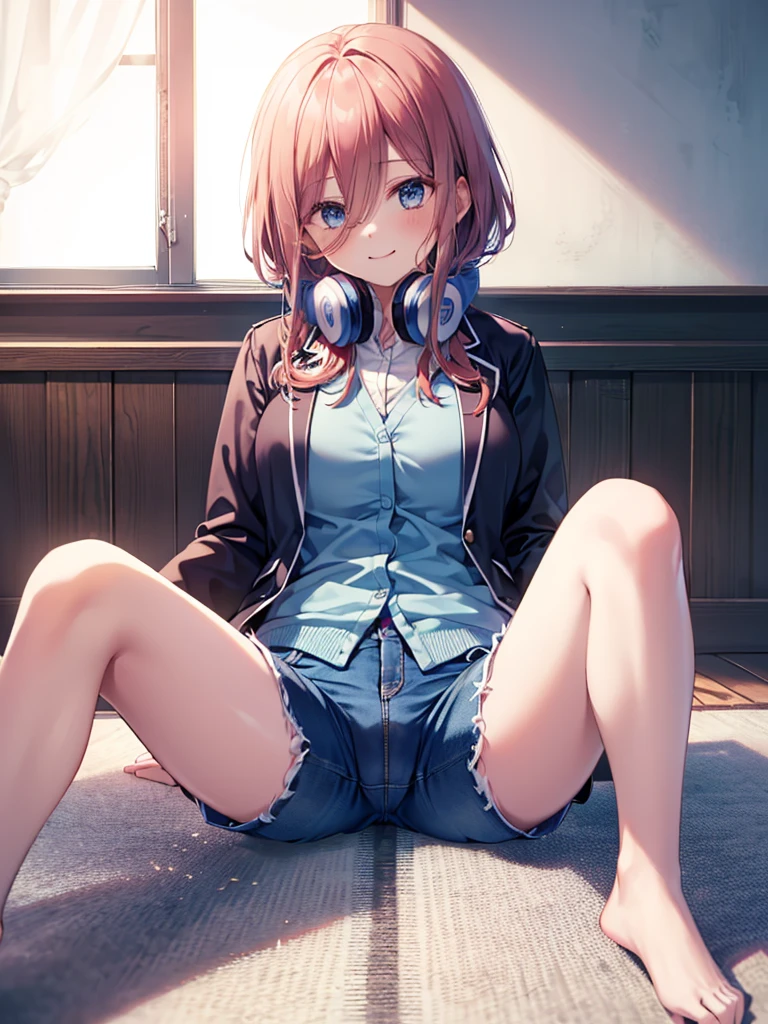 (8K, Highest quality, Highest quality, masterpiece), sit on the floor, (denim hot micro shorts), (vulva peek), big breasts, ((spread legs 1:2)), nm1, headphones around neck, long sleeves, blue cardigan, pantyhose, (fullbody), smile, school uniform, open jacket